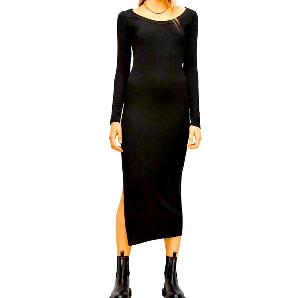 ALL SAINTS Rina Black Long Sleeve Ribbed Black Dress